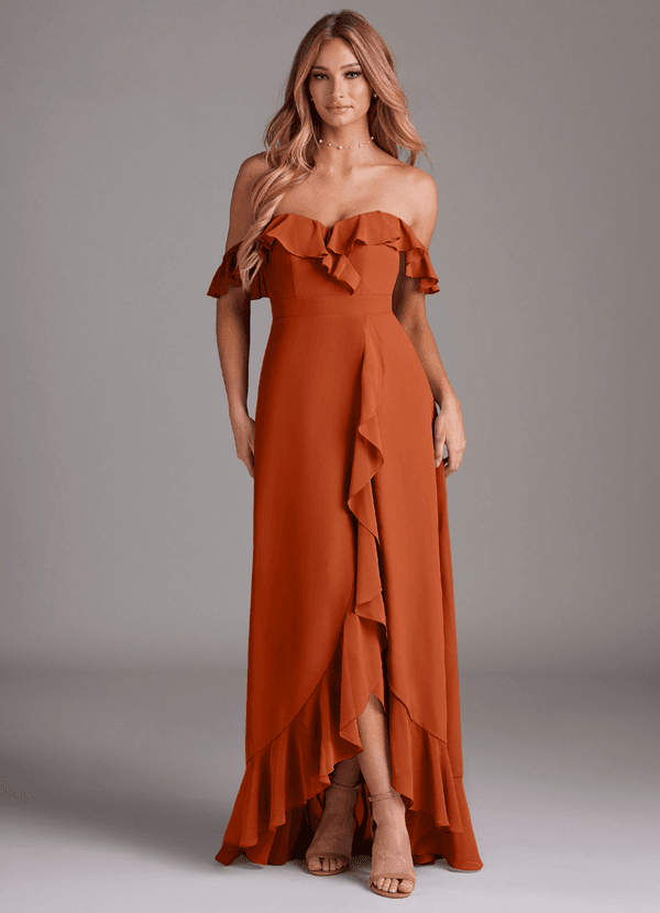Azazie Lyra Bridesmaid Dresses Burnt Orange A-Line Chiffon Convertible Dress image1