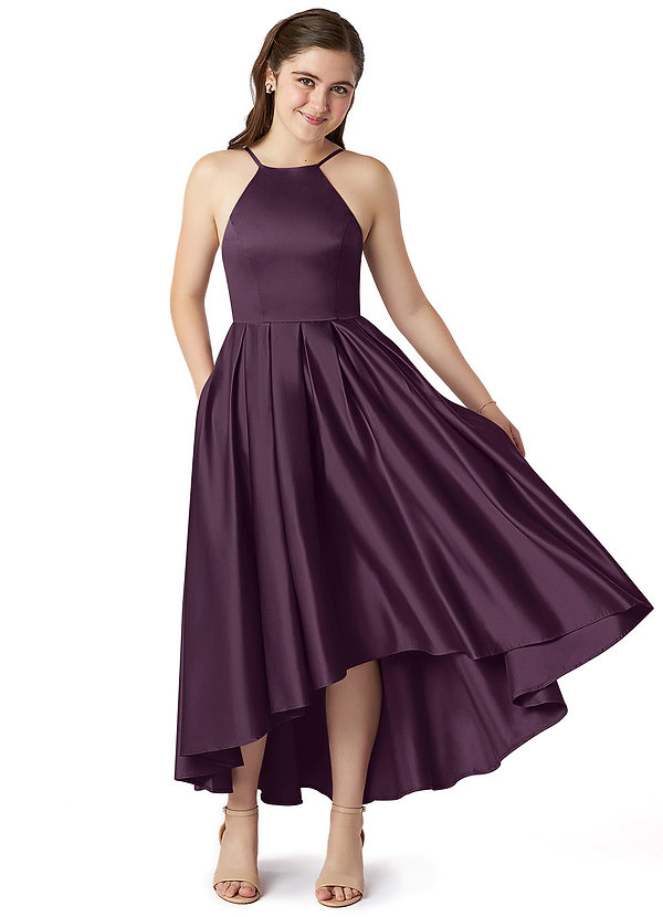 Azazie Jemima Junior Plum A-Line with Pockets Stretch Satin Dress image1