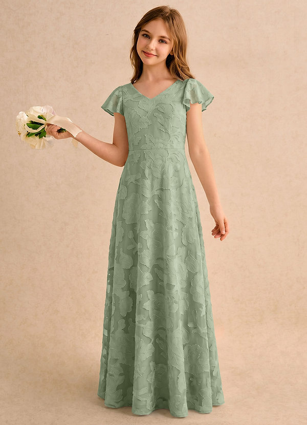 Azazie Narin Girls Formal Sukienki dla Dziewczynki Sypiącej Kwiaty Linia A z Rękawami Kwiatowe wypalenie Długość podłogi Sukienka image1