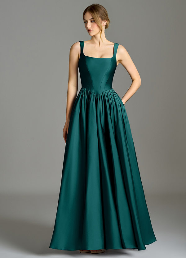 Azazie Verina Bridesmaid Dresses Peacock A-Line Pleated Stretch Satin Dress image1