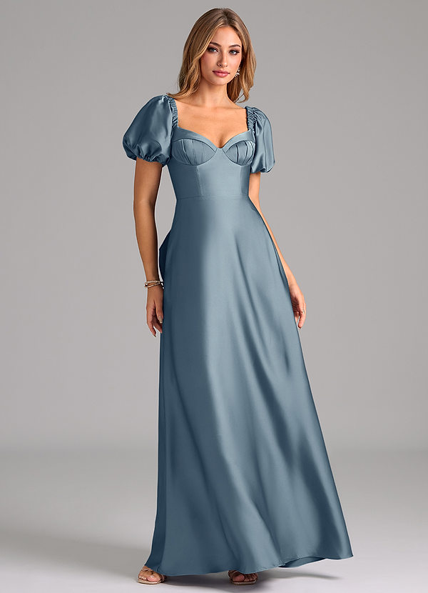 Azazie Fatima Bridesmaid Dresses Dusty Blue A-Line Sweetheart Neckline Stretch Satin Dress image1