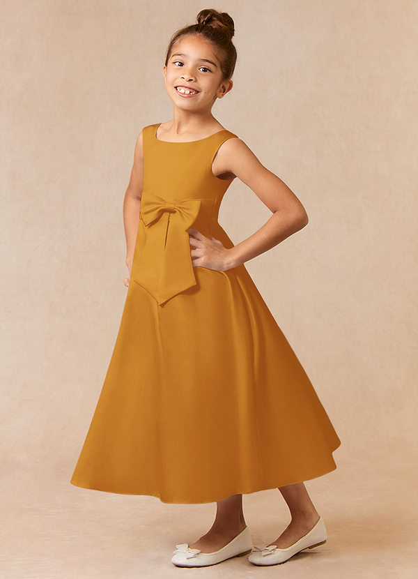 Azazie Lindy Flower Girl Dresses Butterscotch A-Line Pleated Matte Satin Dress image1