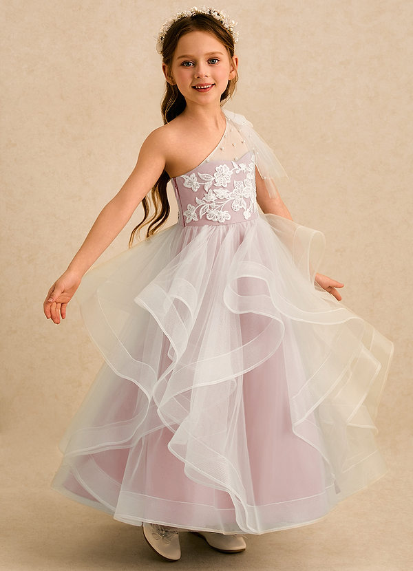 Azazie Zoey Flower Girl Dresses Powder Pink Ball-Gown Lace Tulle Dress image1