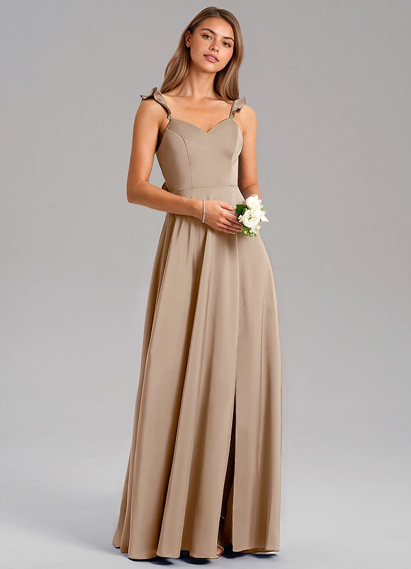 Azazie Everett Bridesmaid Dresses Taupe A-Line Stretch Satin Dress image1
