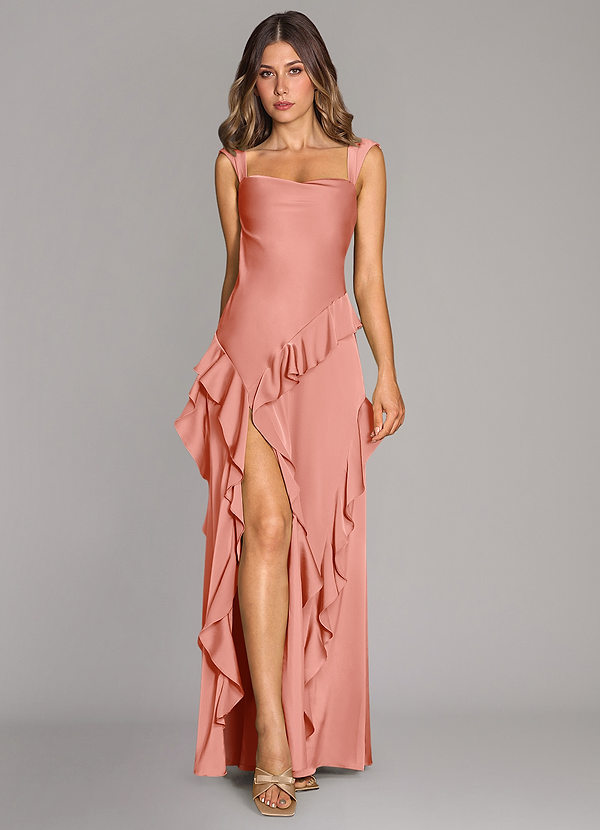 Azazie Sloane Bridesmaid Dresses Coral A-Line Sweetheart Neckline Stretch Satin Dress image1