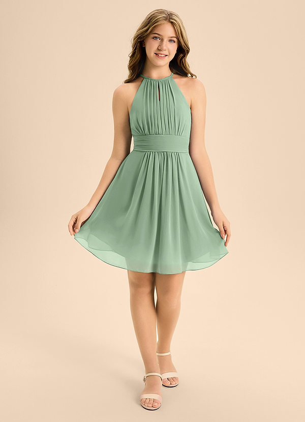 Azazie Bonnie Junior Matcha A-Line Pleated Chiffon Dress image1
