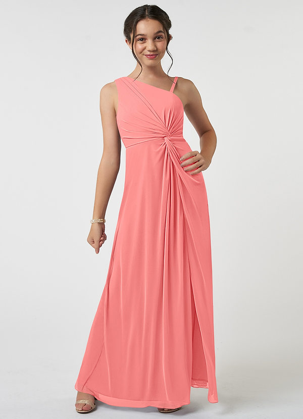 Azazie Brooke Junior Abito A-Line in Maglia Plissettato Corallo image1