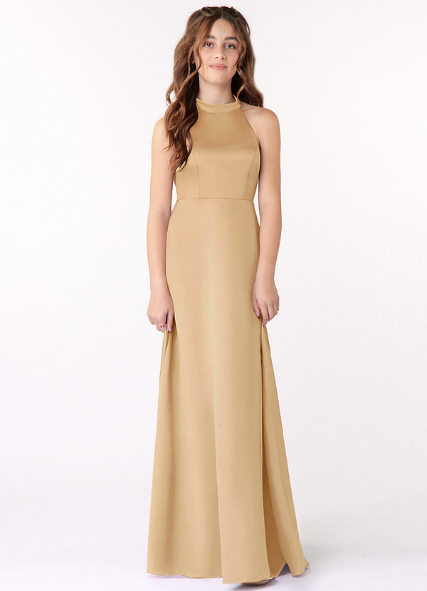 Azazie Laurel Junior Gold A-Line Stretch Satin Dress image1