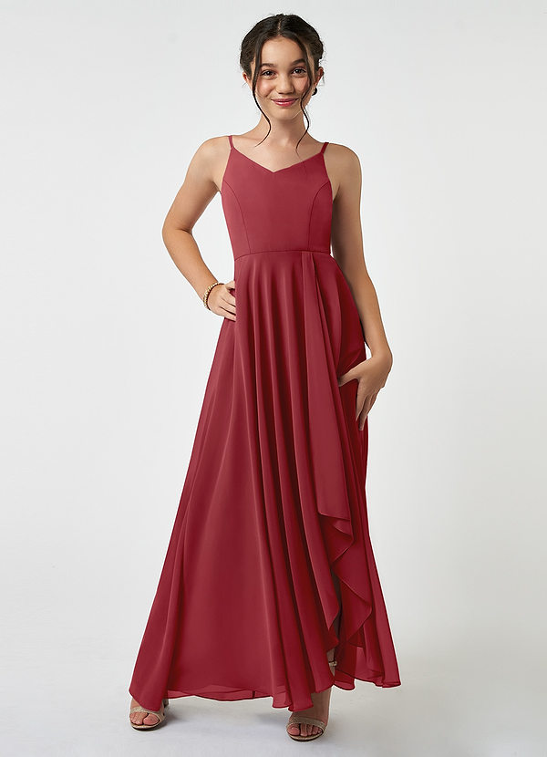 Azazie Collette Junior A-Linie Gestreift Chiffon Kleid Granatapfelrot image1