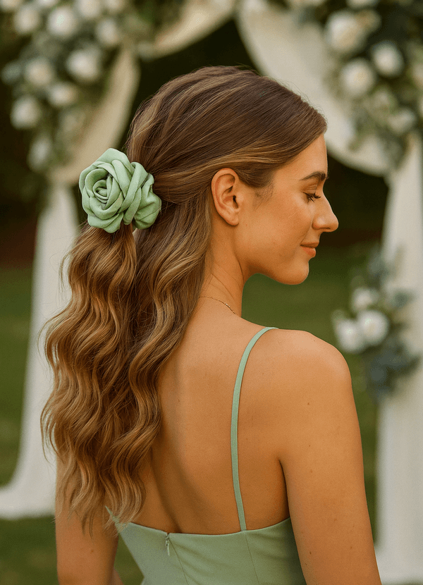front Matching Color Matte Satin Rose Scrunchie Set