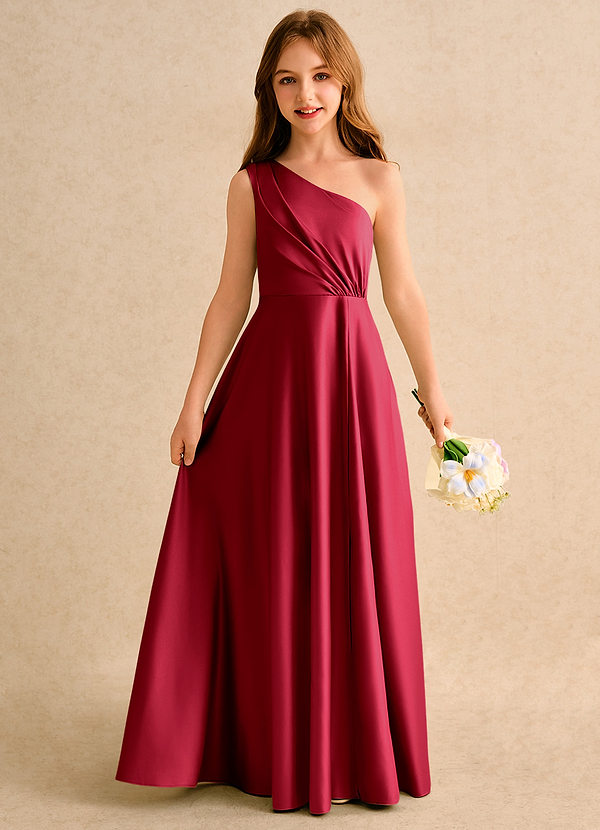 Azazie Puddles Girls Formal Bloemenmeisjes Jurken A-Lijn Jurk van Mat Satijn One-Shoulder Scharlaken image1