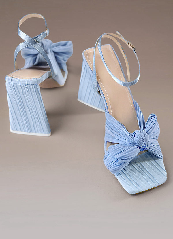 back Blue Pleated Chiffon Bow Mid-Heel Sandals