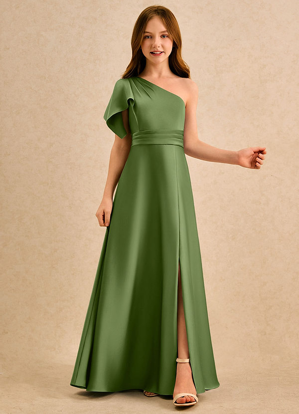 Azazie Jazzy Girls Formal Flower Girl Dresses Juniper A-Line One Shoulder Stretch Satin Dress image1