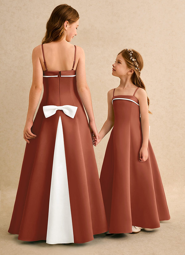 Azazie Izel Girls Formal Vestidos de Niña de Flores Vestido de Marfil Castaño de Satin Mate de Corte en A con Plisado image1