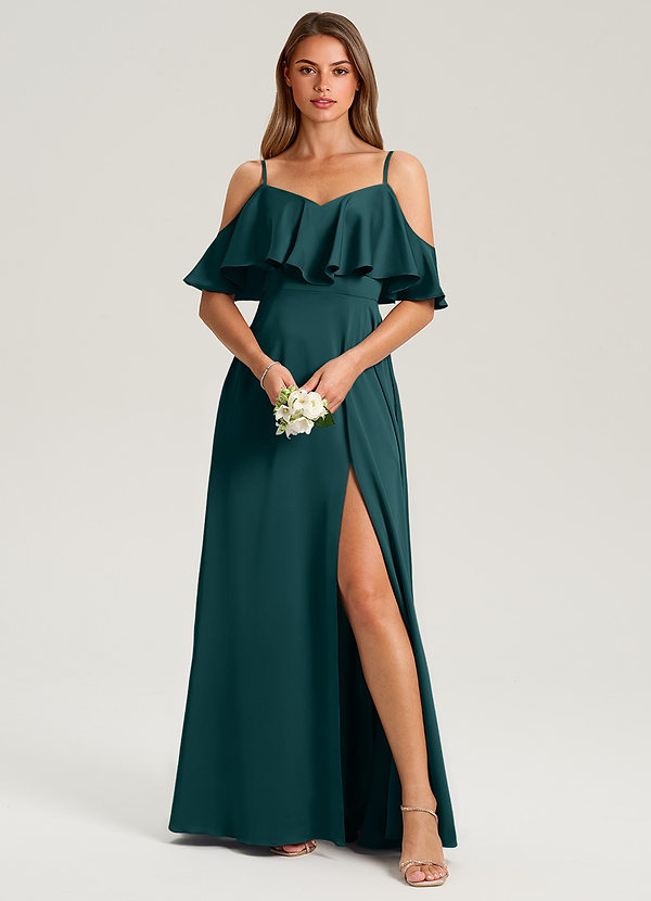 Azazie Jean Robes Demoiselle d'honneur Robe Trapèze en Satin extensible Épaule décolletée Vert Pin image1