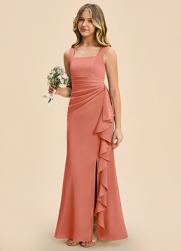 Azazie Adrienne Junior Salmon Pink Sheath Pleated Stretch Satin Dress image1