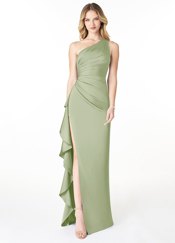 Azazie Latrice Bridesmaid Dresses Dusty Sage Sheath One Shoulder Cascading Ruffles Stretch Satin Dress image1
