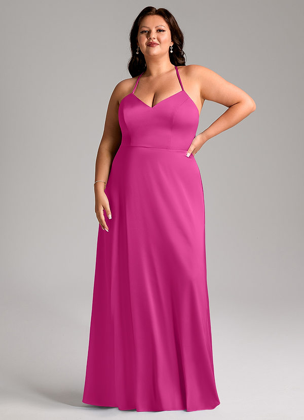 Azazie Mei Abiti da Damigella Abito A-Line in Raso Elasticizzato con Scollo a V Fucsia image1