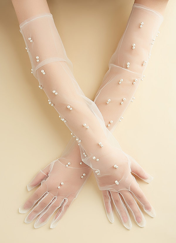 front Pearl Embellished Tulle Opera Gloves