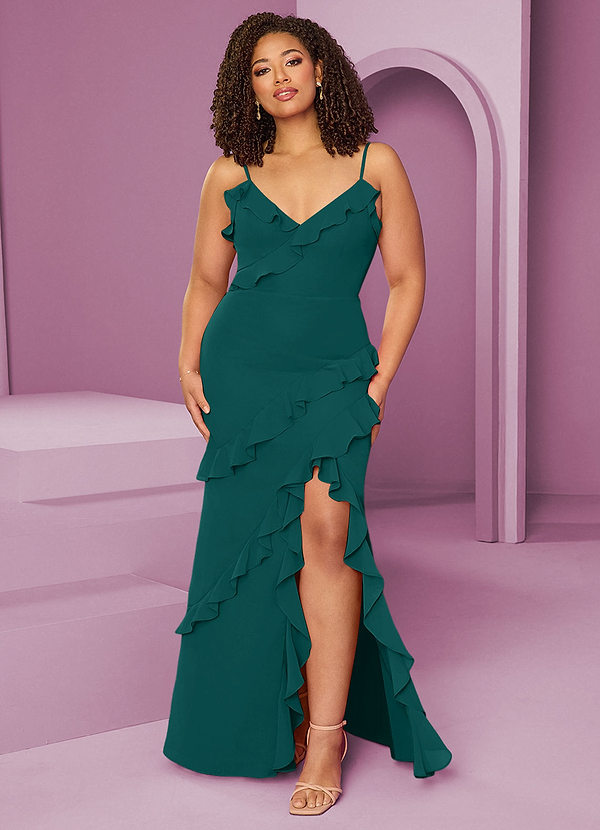 Barbie ♥ Azazie Bridesmaid Dresses Peacock Sheath Chiffon Dress image1