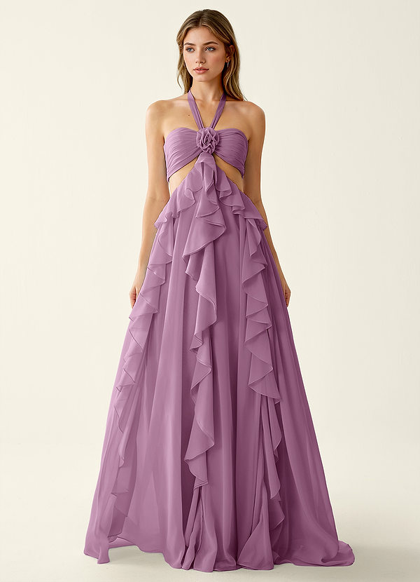 Gelsomina Blauweregen Chiffon A-lijn galajurk met 3D-bloemen en ruches image1