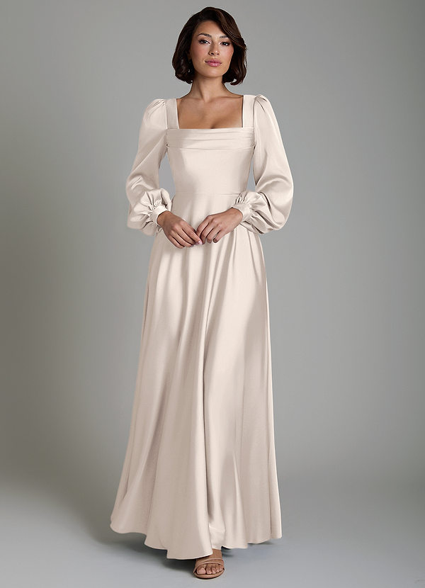 Solana Bridesmaid Dresses White Alabaster A-Line Long Sleeve Stretch Satin Dress image1