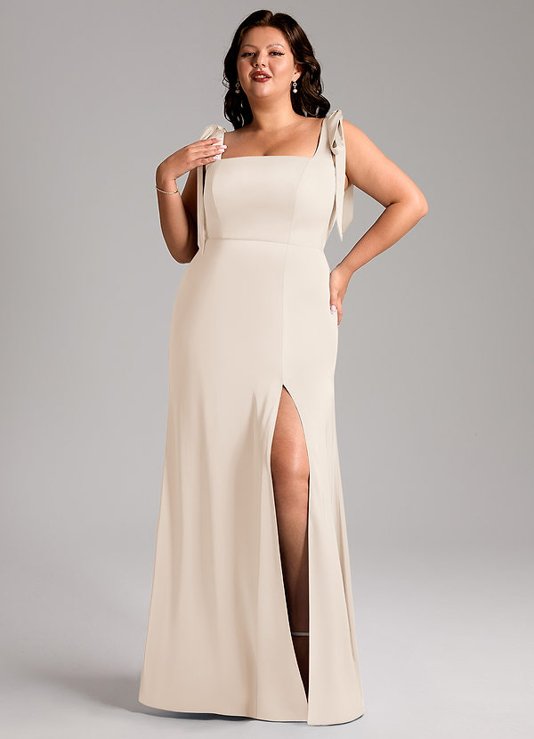 Azazie Frostine Bridesmaid Dresses White Alabaster A-Line Bow Stretch Satin Dress image1