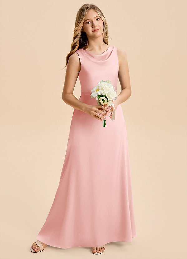 Azazie Kiki Junior Robe Trapèze en Satin extensible Nœud Rose Poudré image1