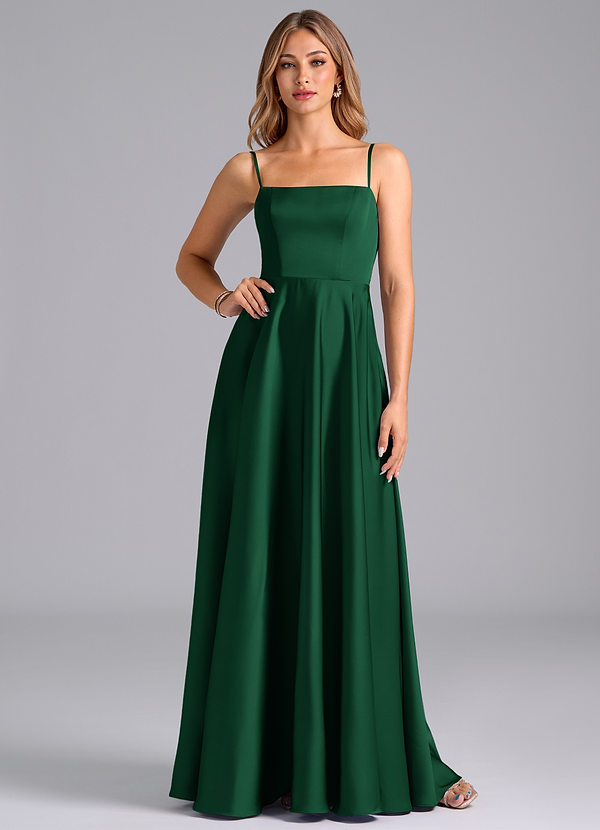 Azazie Elita Bridesmaid Dresses Dark Green A-Line Pleated Stretch Satin Dress image1