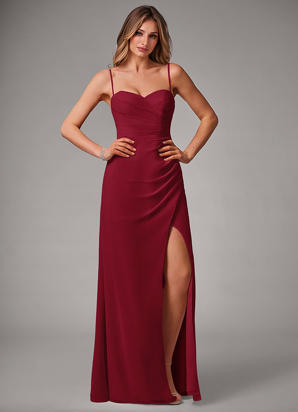 Azazie Haisley Vestidos Dama de Honor Vestido de Borgoña de Gasa de Corte Recto Convertible con Vestidos sin tirantes image1