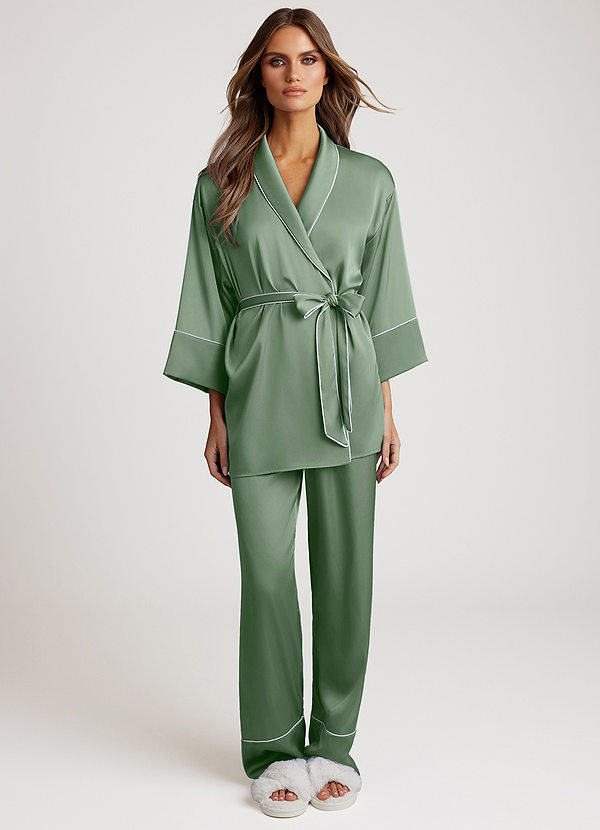 front Matcha Satin Trim Pajama Set