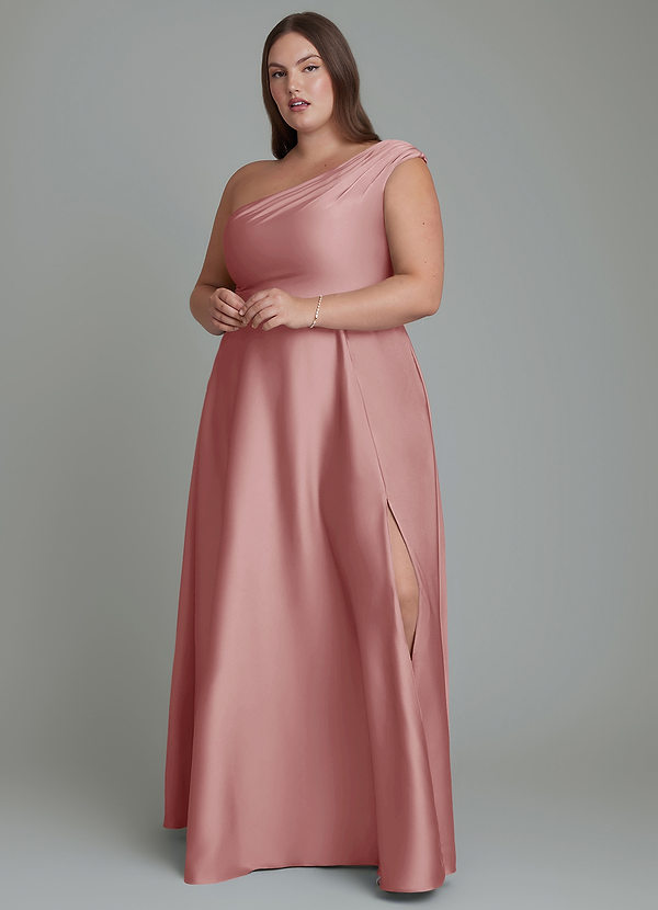 Azazie Melanie Bridesmaid Dresses Dusty Rose A-Line Off the Shoulder Stretch Satin Dress image1