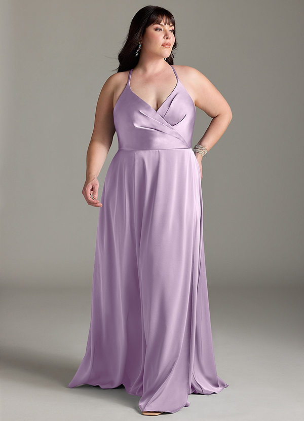 Azazie Davis Vestidos de dama de honor Vestido Lila Esmerilada de Satén Elástico de Línea A con Plisado image1