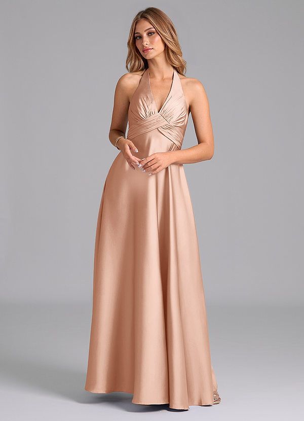 Azazie Tessie Bridesmaid Dresses Rose Gold A-Line Pleated Stretch Satin Dress image1