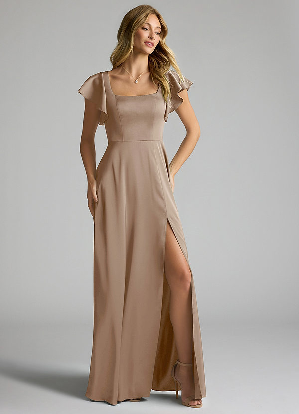 Azazie Bondi Bridesmaid Dresses Taupe A-Line Bow Stretch Satin Dress image1