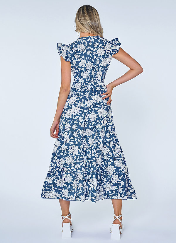 Belleville Blue Floral Print Flutter Sleeve Midi Dress image2
