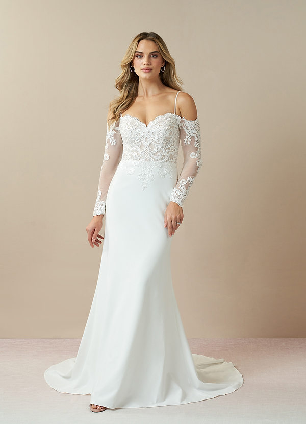 Azazie Danea Wedding Dresses Diamond White Champagne Mermaid Off the Shoulder Stretch Crepe Dress image1