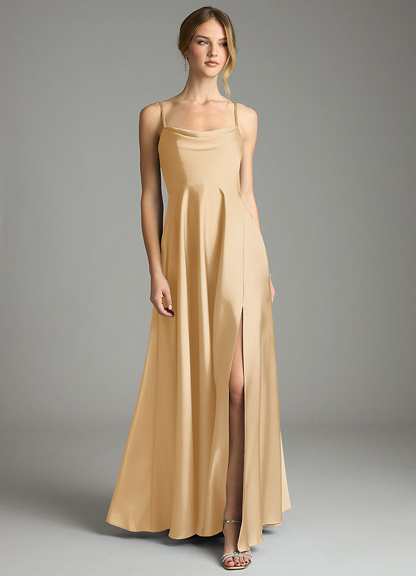 Azazie Elle Bridesmaid Dresses Gold A-Line Pleated Stretch Satin Dress image1