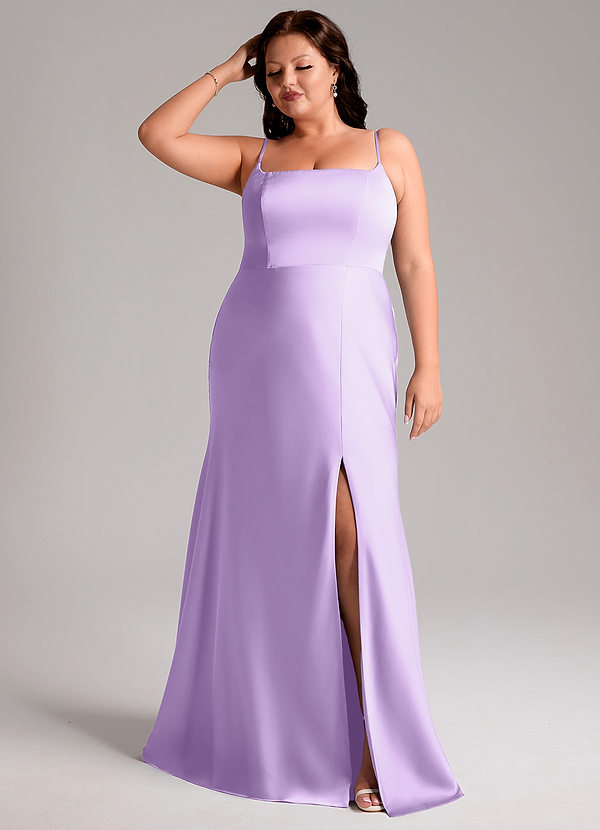 Azazie Lidia Vestidos Dama de Honor Vestido de Lila de Satén Elástico de Corte Sirena con Corte Lateral image1