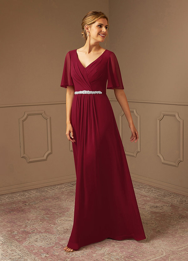 Azazie Tricia Mother of the Brides Dresses Burgundy A-Line V-Neck Pleated Chiffon Dress image1
