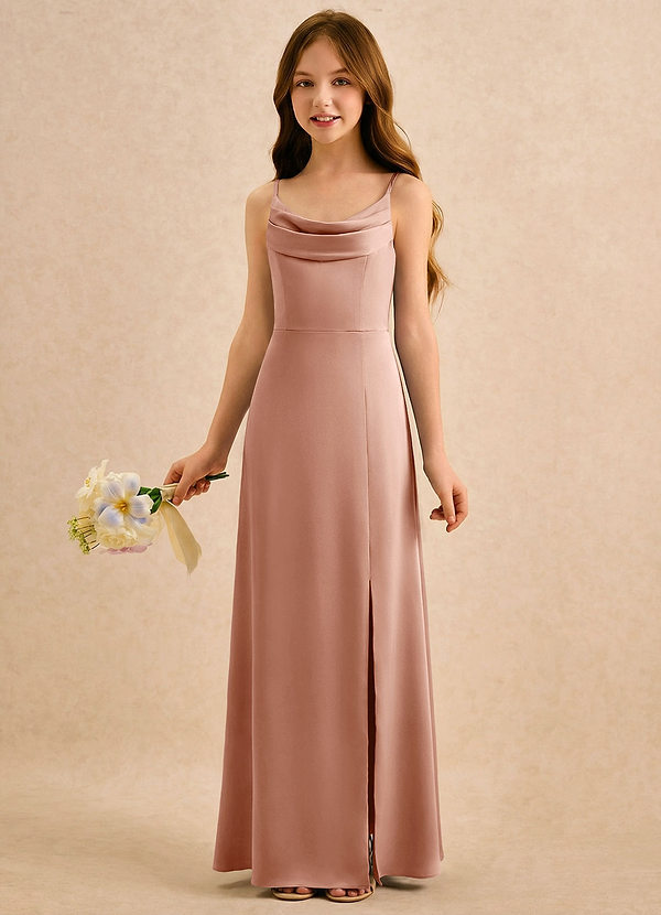 Azazie Shira Girls Formal Flower Girl Dresses Rose Gold A-Line Pleated Stretch Satin Dress image1