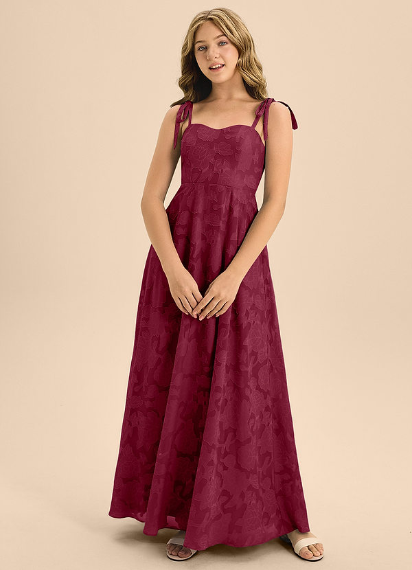 Azazie Rosey Junior Abito A-Line in Burnout Floreale Scollo a Cuore Borgogna image1