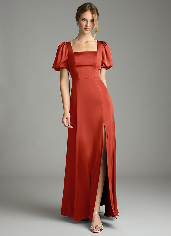 Azazie Fyona Bridesmaid Dresses Rust A-Line Pleated Stretch Satin Dress image1