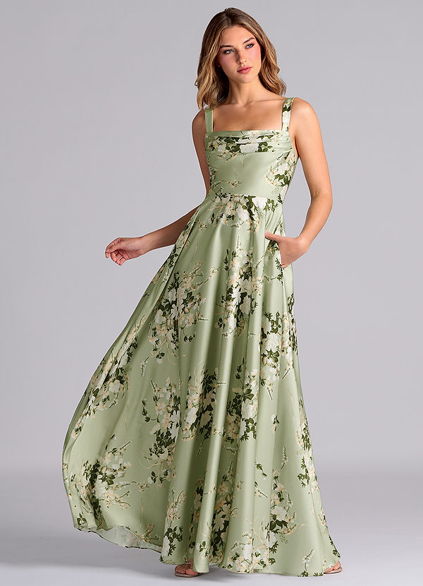 Azazie Shaude Bridesmaid Dresses Floral Vines A-Line Pleated Stretch Satin Dress image1