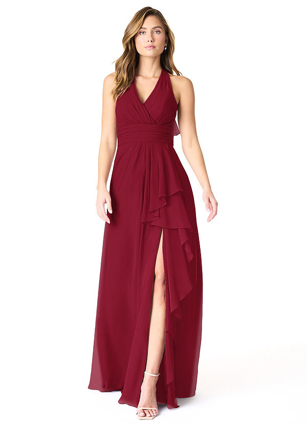 Azazie Aviv Bridesmaid Dresses Burgundy A-Line Pleated Chiffon Dress image1