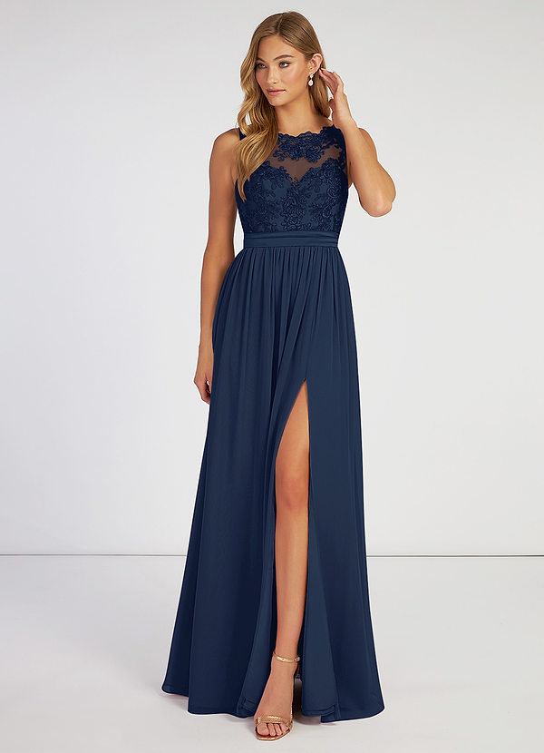 Elly Marine Robe trapèze en mousseline de soie à col rond et dentelle image1