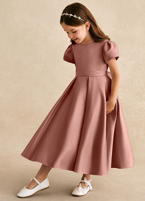 Azazie Princess Flower Girl Dresses Cedar Rose A-Line Pleated Matte Satin Dress image1