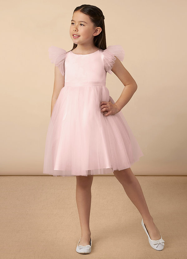 Azazie Aviana Flower Girl Dresses Blushing Pink A-Line with Sleeves Tulle Dress image1