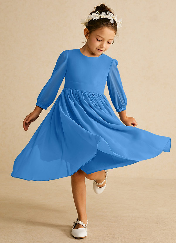 Azazie Lolo Abiti da Ragazza di Fiori Abito A-Line in Chiffon Con Maniche Blue Jay image1
