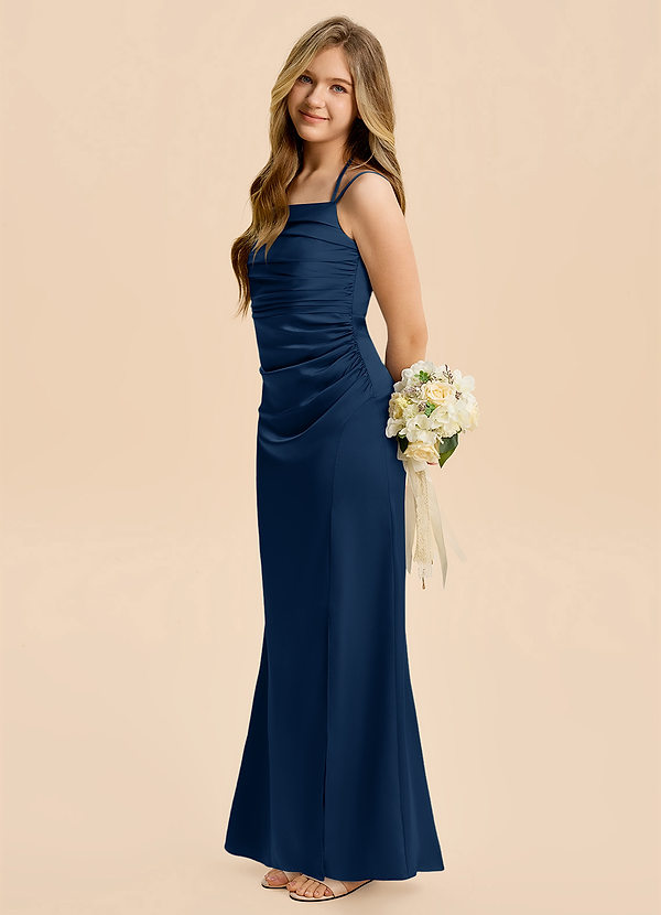 Azazie Nova Junior Dark Navy A-Line Pleated Stretch Satin Dress image1